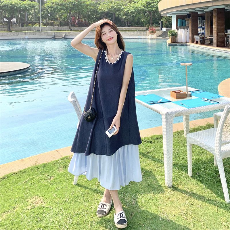 RY2067# 小香风撞色拼接背心无袖连衣裙女夏2026新款藏青色超好看独特长裙