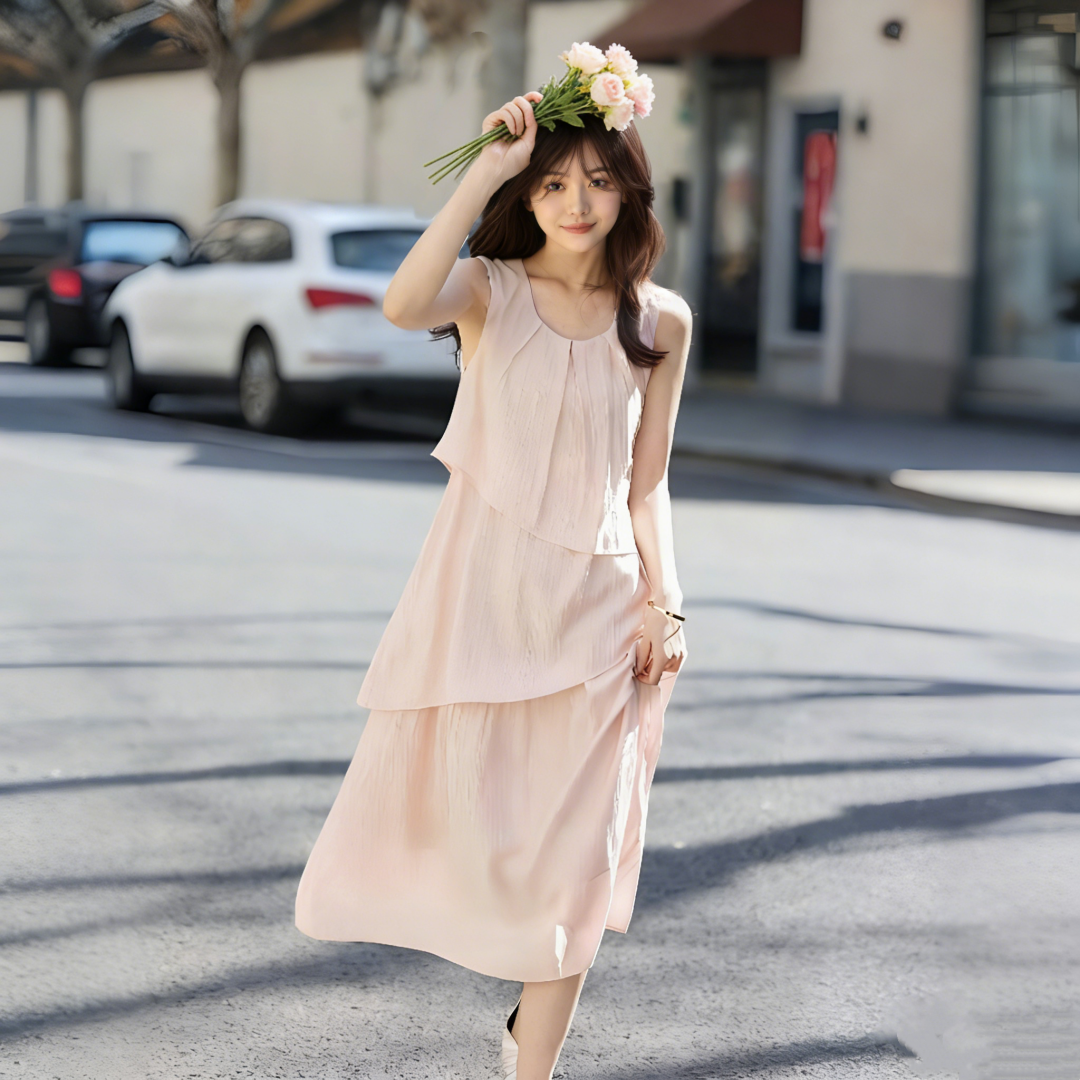 RY2060# 2026夏季新款气质名媛拼接U型领背心裙无袖A字连衣裙女不规则长款