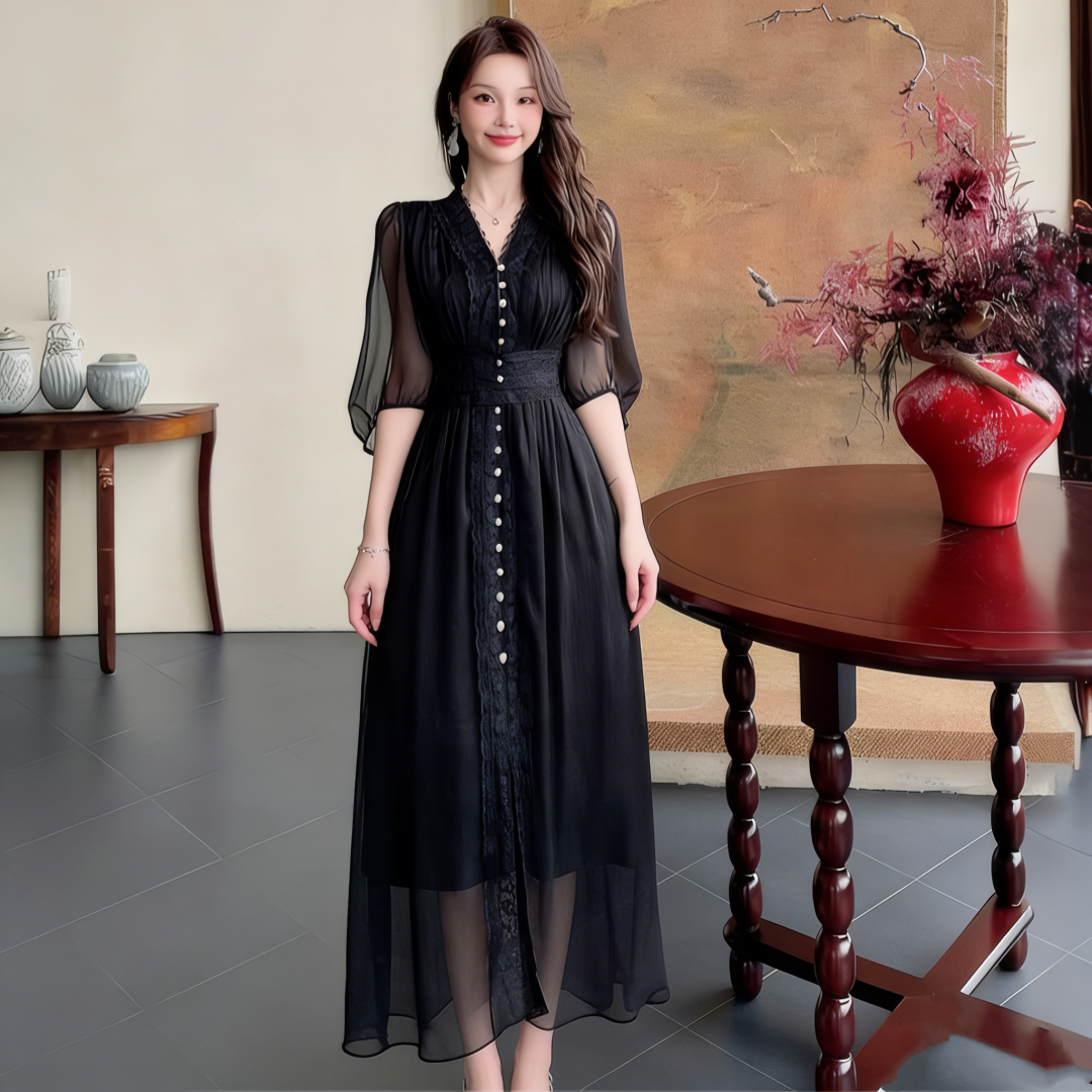 RY2059# 2026春夏新款超仙雪纺拼接蕾丝开衩法式修身显瘦高腰连衣裙长裙女