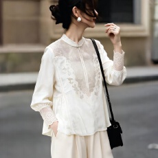 批发新中式休闲立领<b class='q'>长袖</b>蕾丝衬衫女2026春季新款时尚宽松通勤百搭上衣