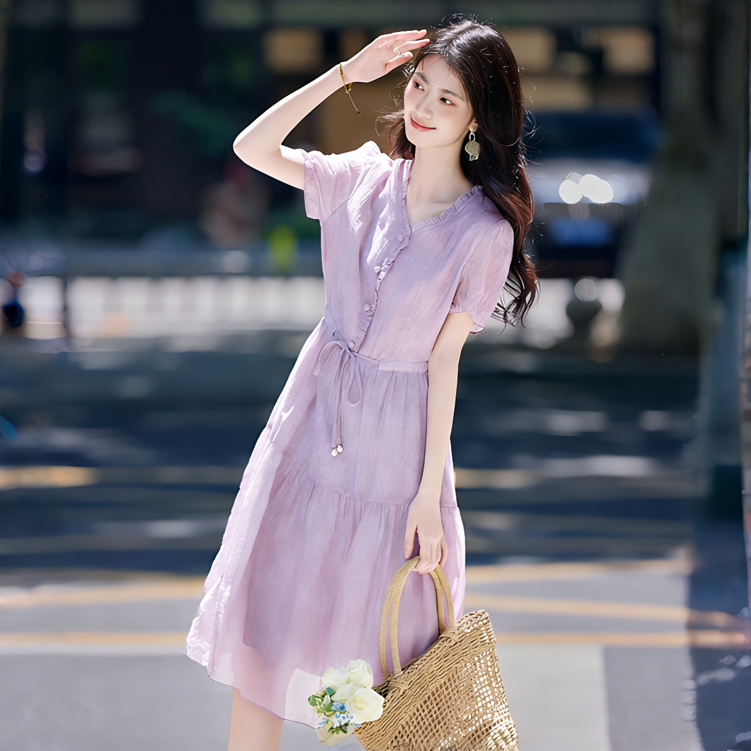RY7660# 优雅气质珍珠系带褶皱领纯色裙女短袖2026夏季新款紫色V领...