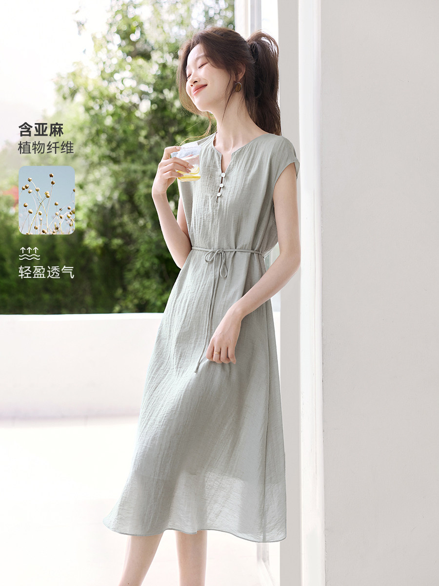 RY4500# 极简风超好看V领短袖连衣裙女2026夏季新款通勤高腰显瘦连...