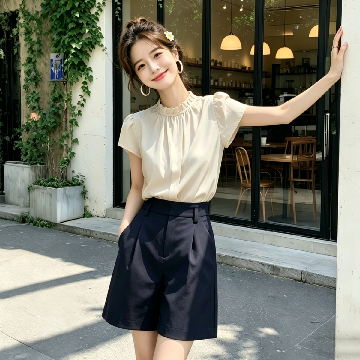 프랑스식 숙녀 바람 곰팡이 고리 반팔 여성 셔츠 2026 여름 새로운 세트 품격 슬림해 보이는 출퇴근 착용 가져 가라. 여성