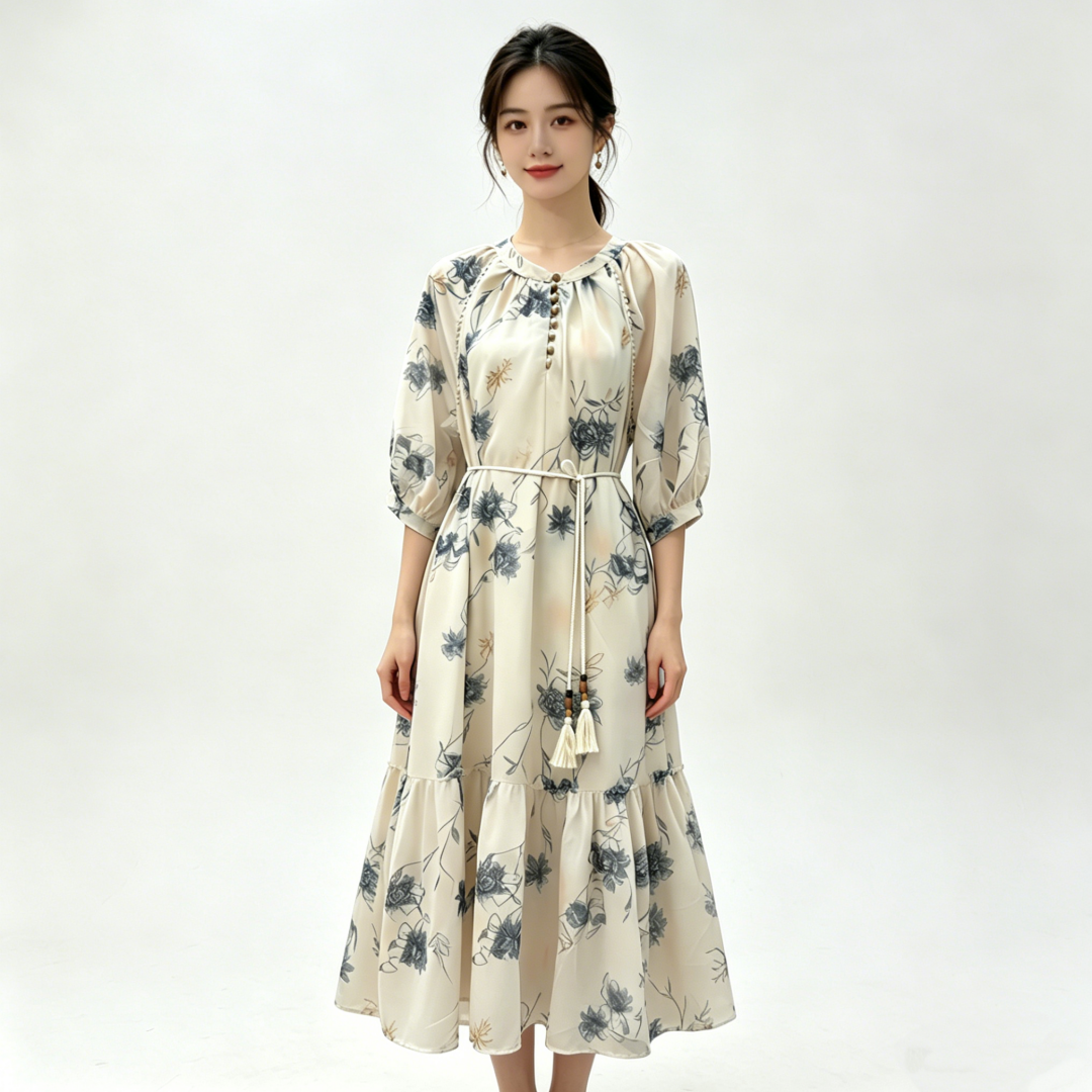 수묵화 헤일로 염색 레이스업 여성 드레스 품격 2026 여름 새로운 낭만주의 휴가 바람 고유 한 슈퍼 잘 생긴 롱 스커트