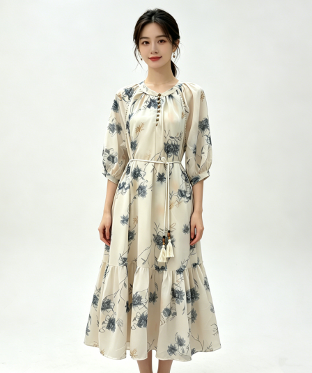 수묵화 헤일로 염색 레이스업 여성 드레스 품격 2026 여름 새로운 낭만주의 휴가 바람 고유 한 슈퍼 잘 생긴 롱 스커트