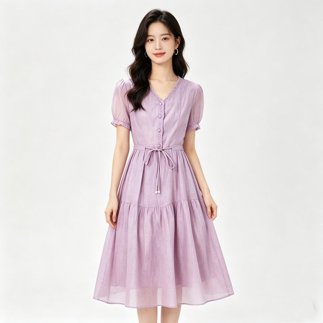 부드러운 우아함 품격 슬림해 보이는 2026 여름 새로운 향기로운 芋 보라색 주름 V넥 허리 수축 레이스업 반팔 드레스