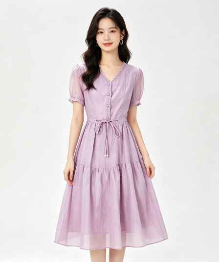 부드러운 우아함 품격 슬림해 보이는 2026 여름 새로운 향기로운 芋 보라색 주름 V넥 허리 수축 레이스업 반팔 드레스