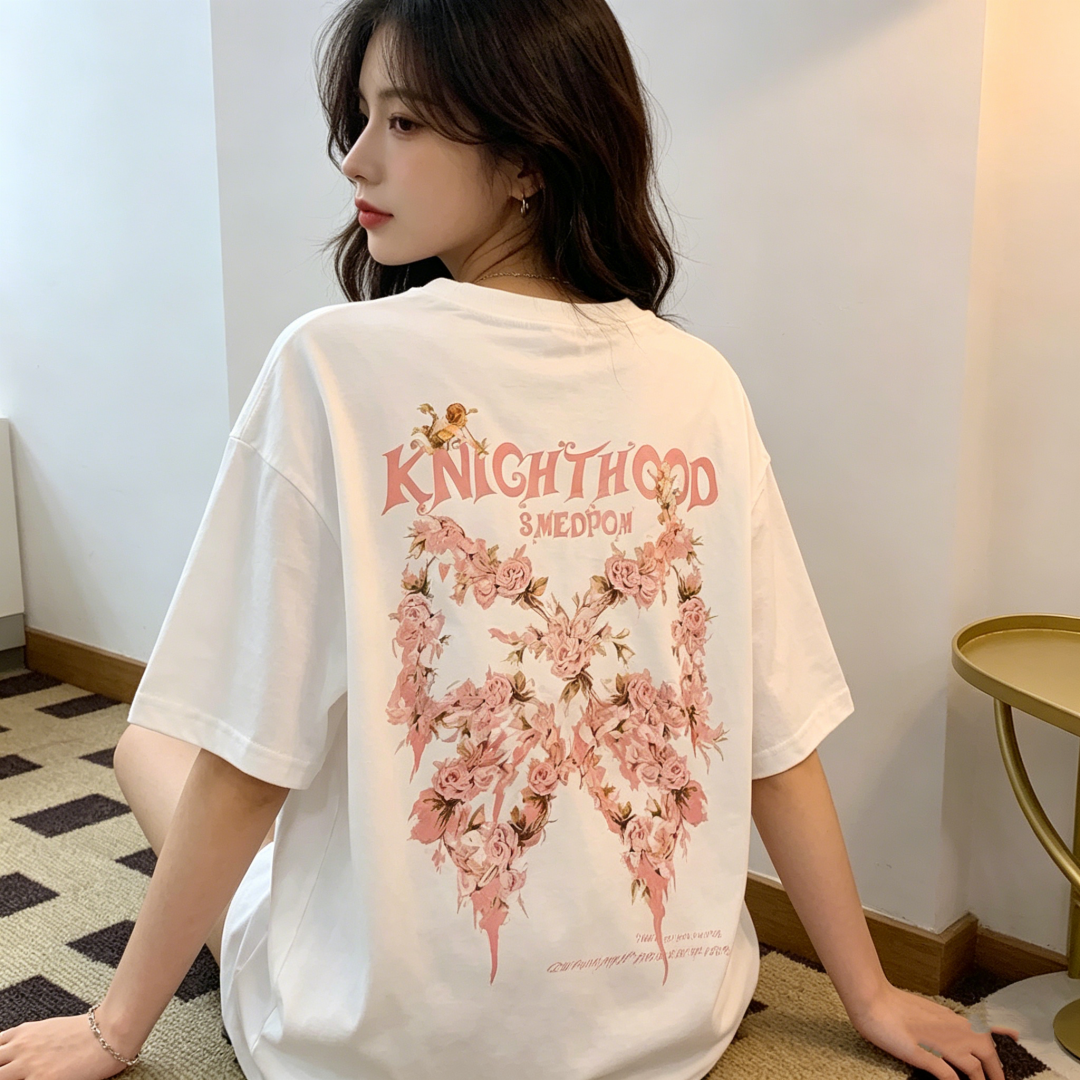 200g 순면 여름 드레스 순면 라운드 넥 이후 패키지 기사 반팔 티셔츠 여성 루즈핏 대 에디션 2026 새로운 여성 t