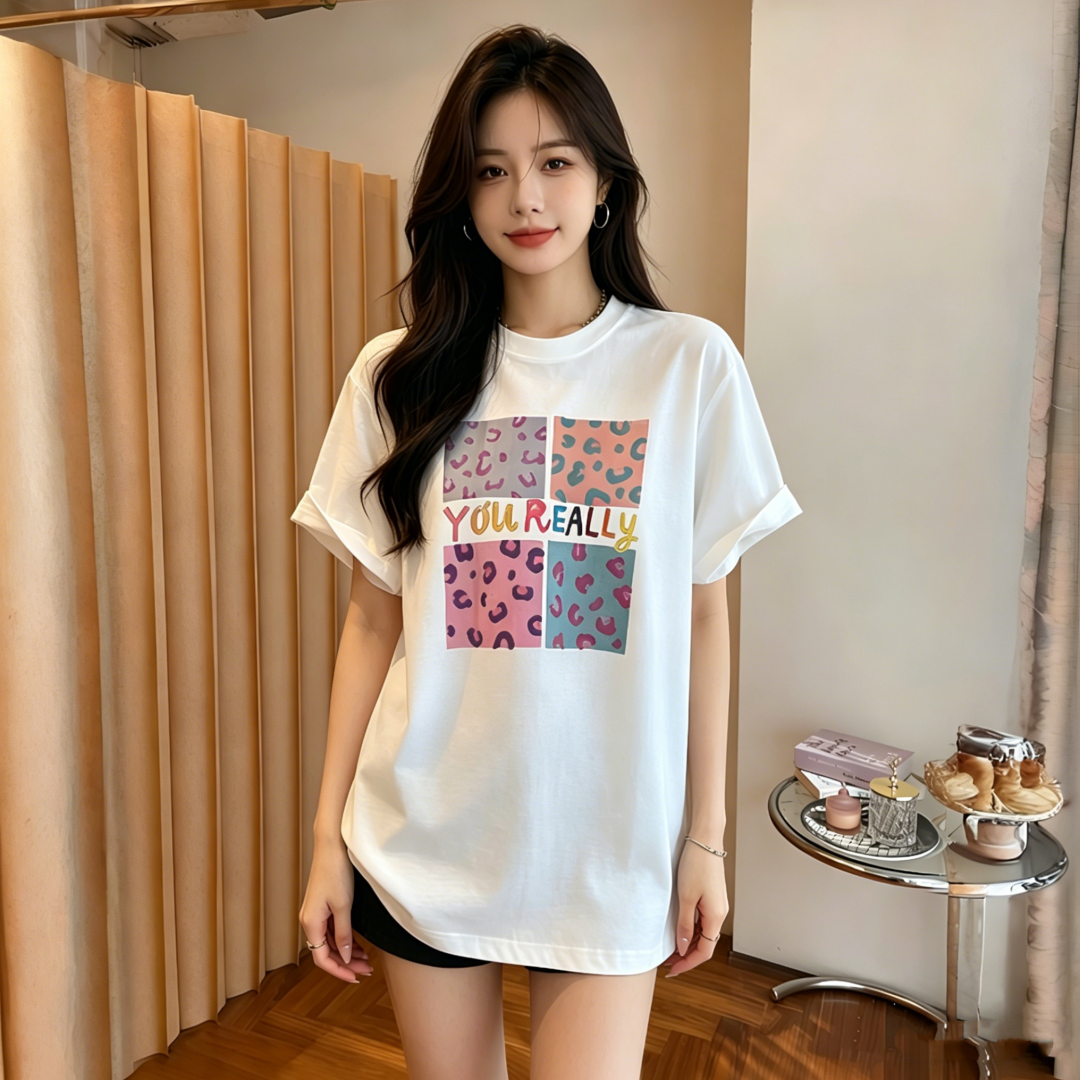네 궁전 그리드 레오파드 무늬 2026 여름 21 순면 210 그램 반팔 프린트 티셔츠 여성 루즈핏 빅 사이즈