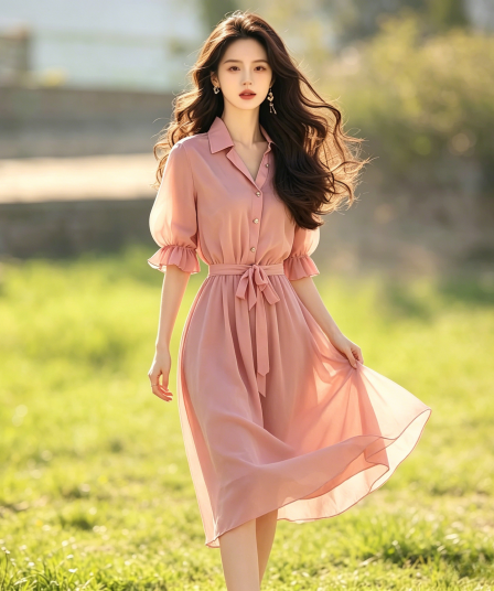 2026 여름 새로운 차 휴식 프랑스식 나폴리 센 부서 문예 슈퍼 요정 가스 핑크색 쉬폰 셔츠 드레스