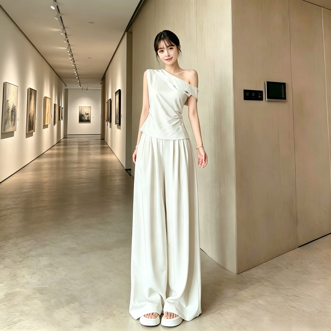 한 부서 품격 자이언트 잘 생긴 느긋한 화이트 비스듬한 어깨 의류 와이드 레그 팬츠 투피스 세트 2026 여름 캐주얼 세트 여성