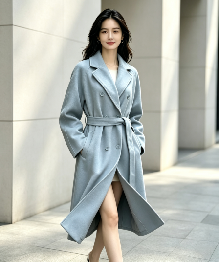 파란색 한 부서 출퇴근 외투 2026 년 가을 겨울 새로운 한국 스타일 루즈핏 중간 길이 레이스업 모직 여성 코트