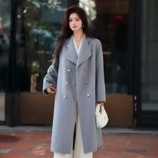 批发灰兰色毛呢<b class='q'>大</b>衣女中长款2026秋冬立领双排扣高级感时尚通勤呢外套