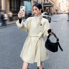 批发2026新款秋冬立领系带大衣小个子韩版毛呢外套呢子大衣女气质潮流