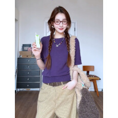 批发2026新款复古设计感紫色麻花短袖毛衣圆领套头百搭显瘦针织衫