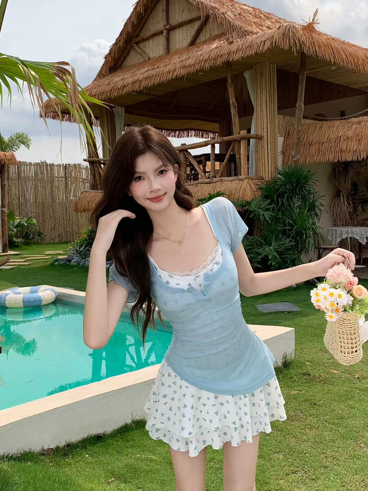 화이트 작은 물고기 오리지널 달콤한 매운맛 덜 여자 칼라 꽃무늬 반팔 여성 드레스 여름 특별 아름다운 꼬집기 허리 작은 치마