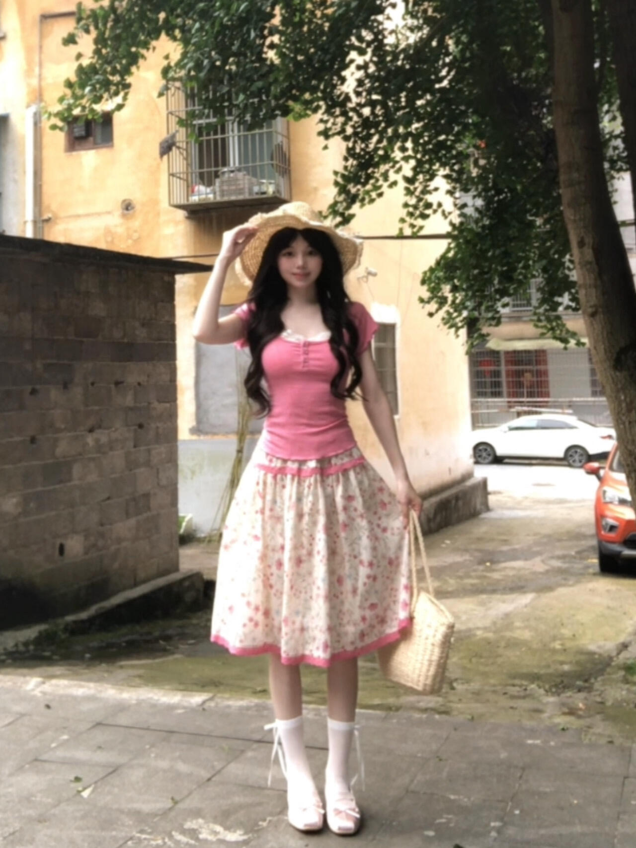 한 부서 달콤한 스타일 핑크색 u 칼라 긍정적 인 어깨 반팔 티셔츠 여성 꽃무늬 패치워크 반신 스커트 여름 부드러운 연령 감소 세트