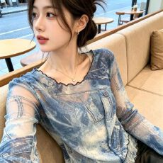 批发法式蓝色印花<b class='q'>长袖</b><b class='q'>衬衫</b>女收腰显瘦设计感气质小众百搭上衣夏季女装