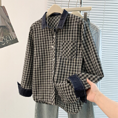 批发实拍26春季新款<b class='q'>复古</b>格子衬衫拼接牛仔长袖<b class='q'>文艺</b>宽松上衣翻领衬衣