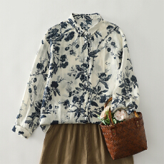 批发实拍2026春季新款印花长袖衬衣大码宽松青花上衣<b class='q'>文艺</b><b class='q'>复古</b>衬衫女