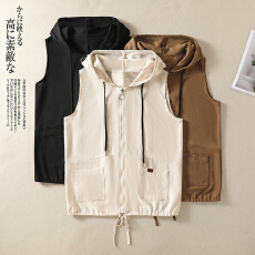 实拍文艺复古连帽亚麻开衫马夹女休闲宽松春秋拼接无袖背心短外套