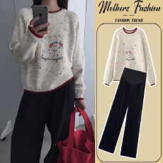 批发孕妇<b class='q'>春</b>秋套装2025秋冬季新品小狗刺绣复古毛衣半身裙两件套阔腿裤