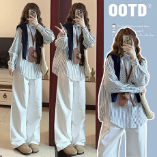 批发有货 2026春装新款孕妇春秋装套装条纹衬衫上衣+披肩+阔腿裤春季