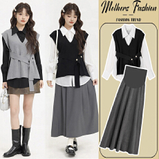 批发有货 2026春装新款孕妇春秋套装衬衫<b class='q'>上衣</b>+背心毛衣+半身裙两件套