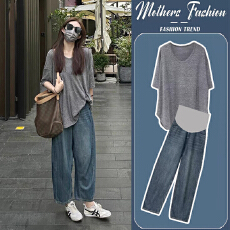 大量有货 爆款  2026孕妇装夏装套装圆领t恤上衣牛仔裤夏季两件套