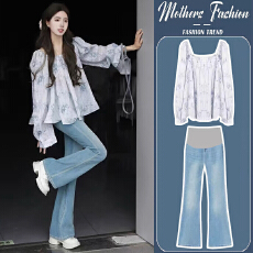 大量有货 2026孕妇装春夏装衬衫夏季套装水墨画上衣牛仔裤两件套