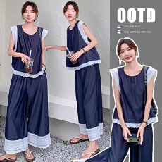 大量有货 2026孕妇夏装套装涤棉花边上衣猪鼻扣阔腿裤夏季两件套