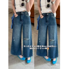 批发<b class='q'>时尚</b>百搭舒适街头风破洞小个子牛仔裤女九分裤直筒阔腿裤拖地裤潮