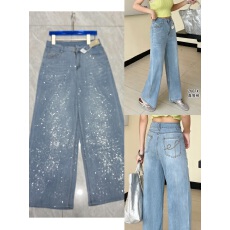 批发春夏高腰宽松浅蓝色烫粉闪闪<b class='q'>牛仔裤</b>小众口袋刺绣绣花垂感阔腿裤