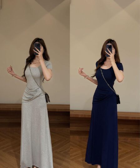 여름 새로운 비틀림 허리 수축 반팔 슬림해 보이는 품격 롱 코트 드레스