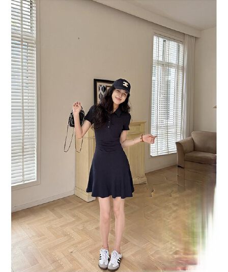 느슨함 치마 단색 핫걸 미니멀리즘 품격 허리 수축 POLO 칼라 캐주얼 프로 피부 슬림해 보이는 드레스