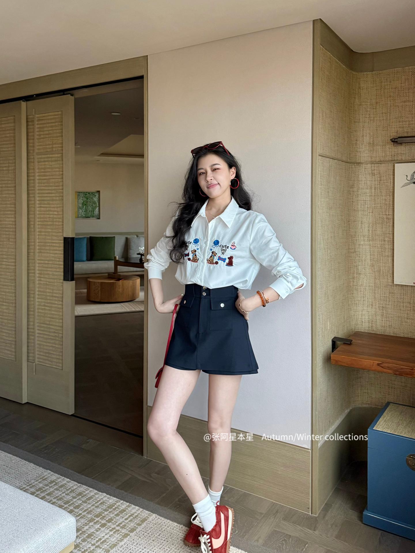 张阿星甜心萌趣刺绣翻领气质白衬衫+遮肉高腰百搭裙裤  服裝批發女裝批發服飾貨源