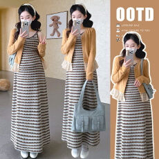 批发实拍xian 货 春季新品<b class='q'>韩版</b>条纹针织吊带裙+拼接针织开衫孕妇套装