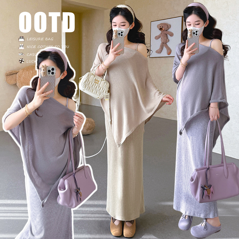 실사 xian 물품 봄 신제품 불규칙 풀오버 니트 숄 슬립 드레스 임산부 세트