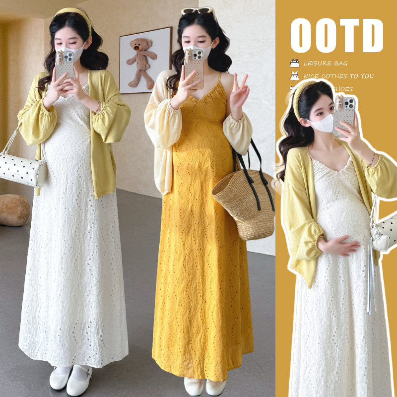 실사 xian 물품 봄 신제품 V넥 휴가 바람 드레스 니트 오픈 가디건 임산부 세트