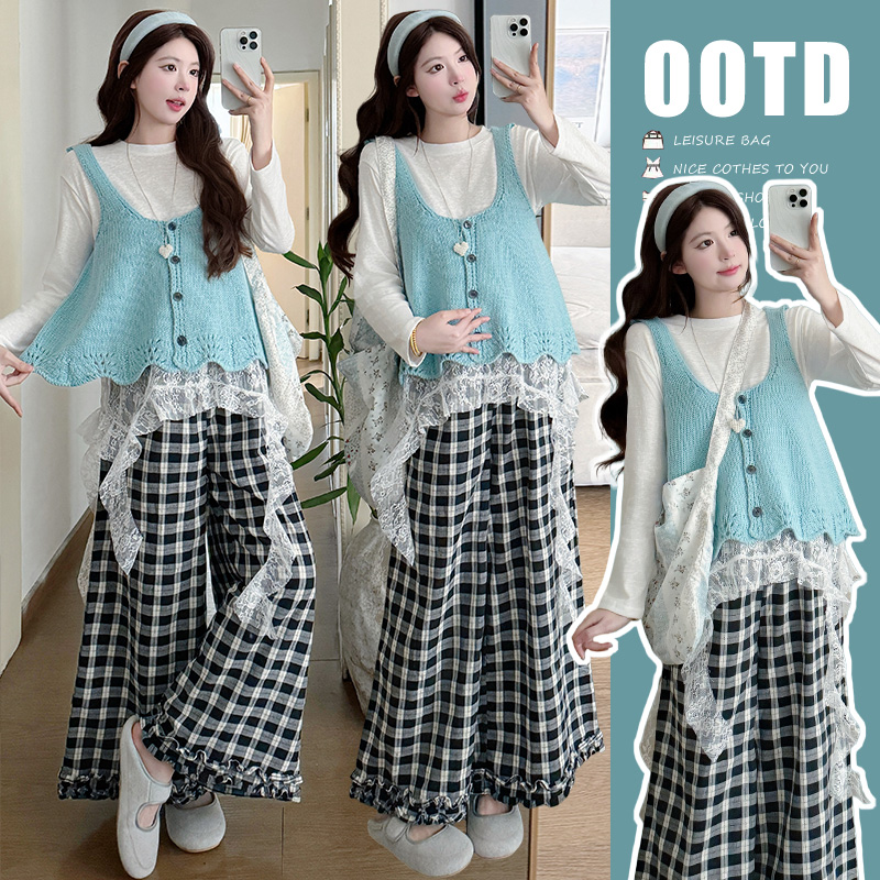 실사 xian 물품 봄 신제품 한국 스타일 다용도 맨위 베스트 와이드 레그 팬츠 임산부 3종 세트 세트