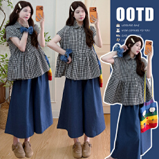 批发实拍现 夏季新品大码格子<b class='q'>衬衣</b>+薄<b class='q'>牛仔</b>阔腿裤<b class='q'>套</b>装