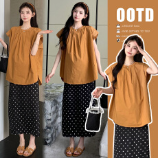 批发实拍  韩系<b class='q'>百搭</b>宽松气质落肩衬衣+托腹波点孕妇半身裙