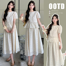 批发实拍  韩系太阳花短袖镂空上衣+猪鼻扣<b class='q'>半身</b>裙两件套孕妇装