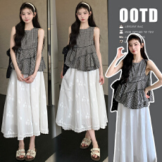 批发实拍  夏季新款格子无袖上衣+刺绣半身裙两件套<b class='q'>孕妇装</b>