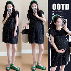 批发实拍  高弹百搭珠光网纱袖+碎花<b class='q'>显瘦</b>背带<b class='q'>裤</b>两件套孕妇<b class='q'>装</b>