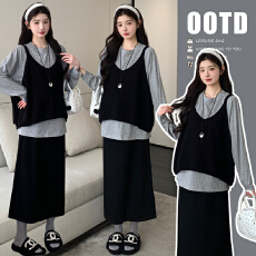 批发实拍  新款套装时尚高级感打底衫马甲T恤半身裙三件套孕妇装