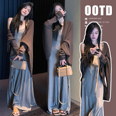 批发春夏蝙蝠袖慵懒风气质针织开衫+修身显瘦吊带裙两件套