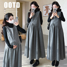 批发实拍  秋冬款圆领无袖拼接感大摆尾连衣裙＋打底衫两件套孕妇装