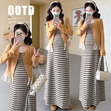 实拍 xian货 韩版拼接针织开衫温柔气质上衣条纹吊带裙两件套