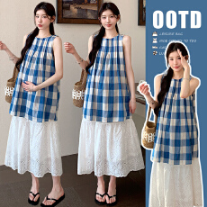 批发实拍 現货 夏季新品孕妈妈棉麻格子背心棉布绣花半身裙两件套